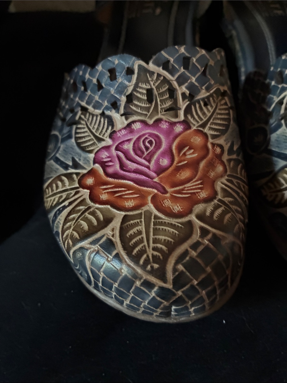 L'ATISTE Navy Leather Mary Janes with Pink & Orange Floral Emboss - Picture 9 of 11